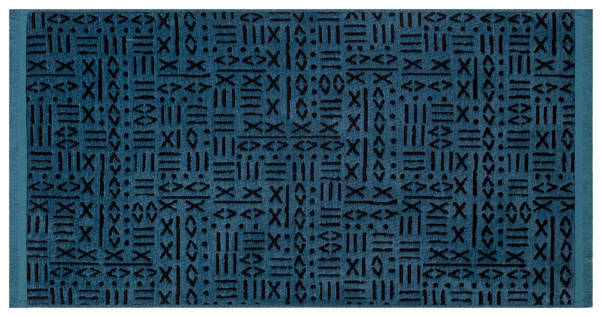 Washable Teal Cotton Rug – Modern Tribal Geometric Pattern, Low Pile Carpet