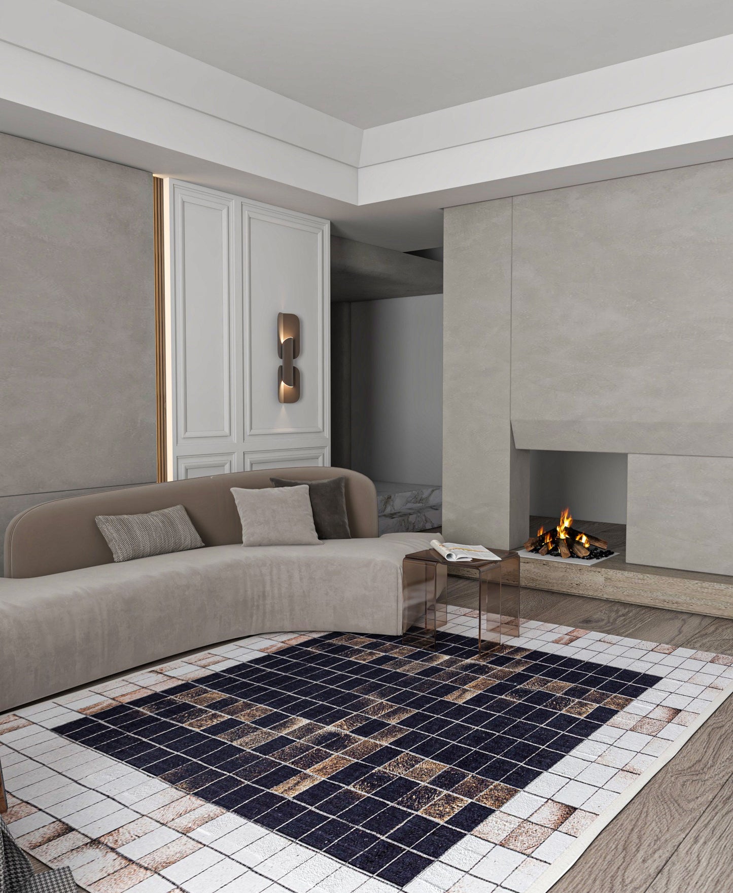 Modern Industrial Mosaic Rug | Black Earth Tone Pixelated Non-Slip Carpet