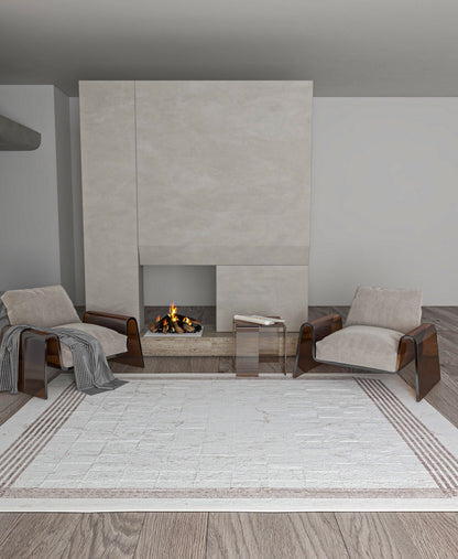 Cream Marble Texture Area Rug, Modern Minimalist Border Carpet, Machine Washable Home Decor