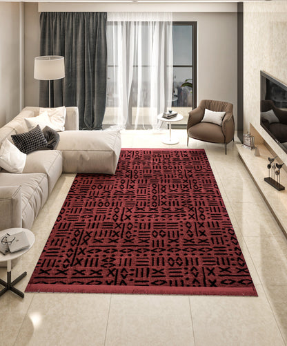 Red Geometric Tribal Area Rug, Boho Ethnic Living Room Carpet