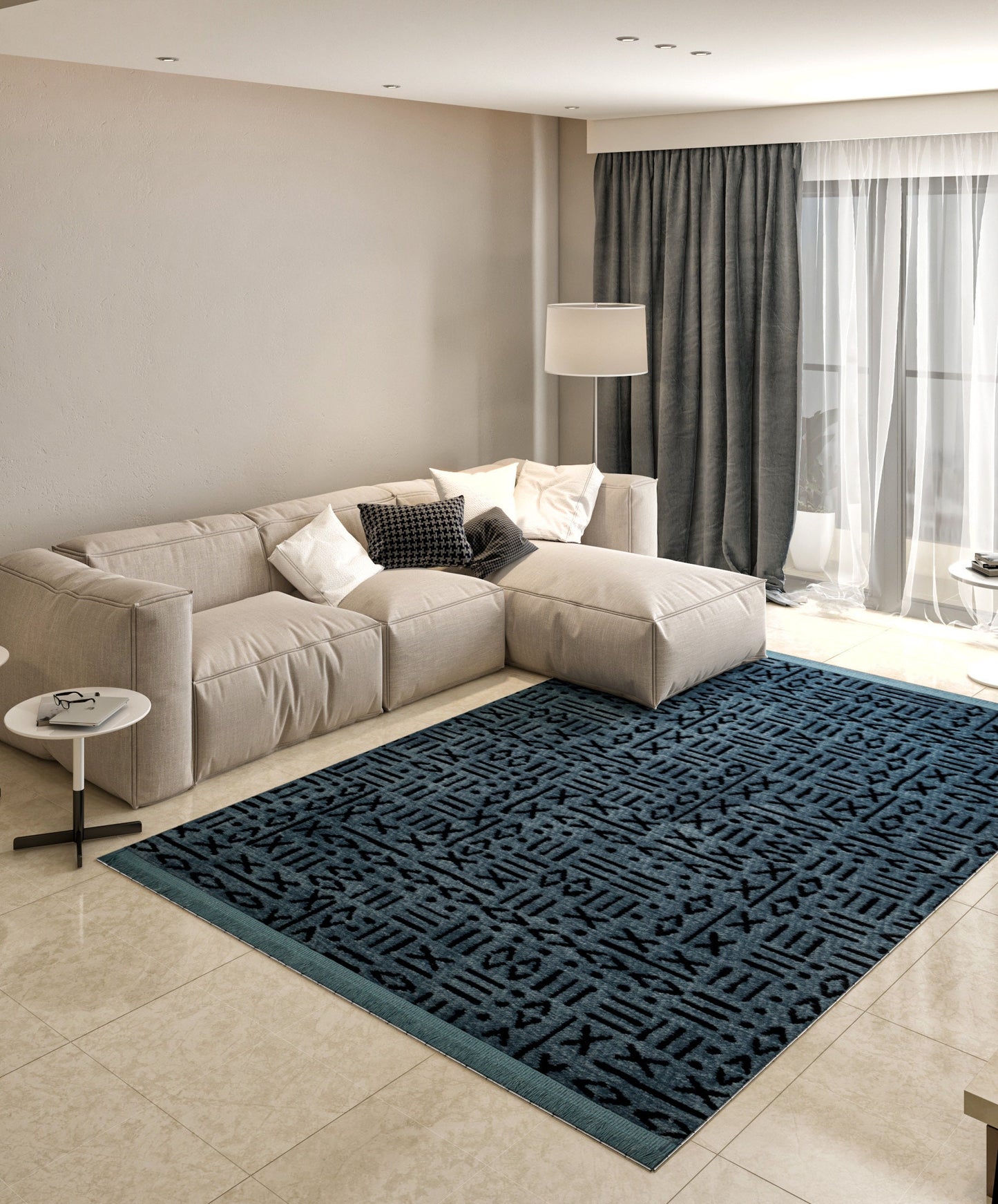 Washable Teal Cotton Rug – Modern Tribal Geometric Pattern, Low Pile Carpet