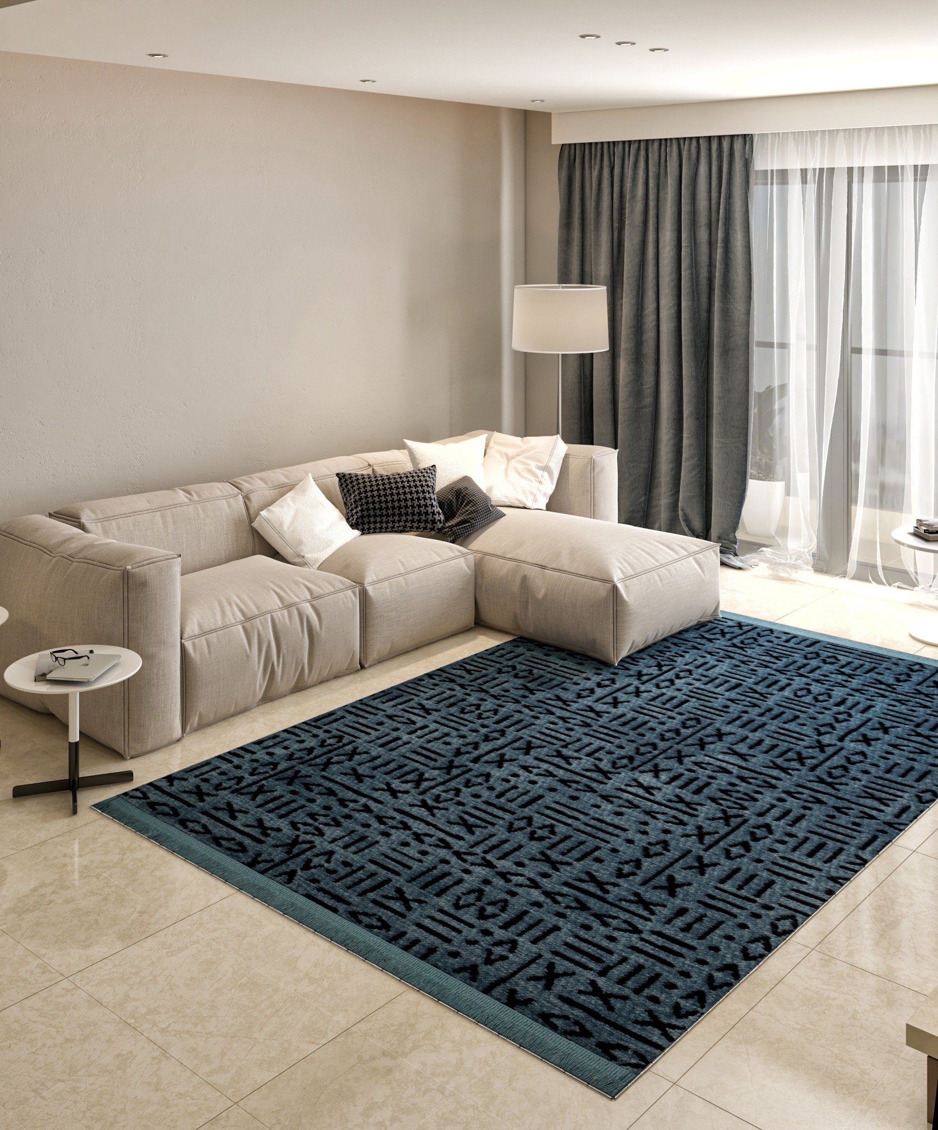 Washable Teal Cotton Rug – Modern Tribal Geometric Pattern, Low Pile Carpet