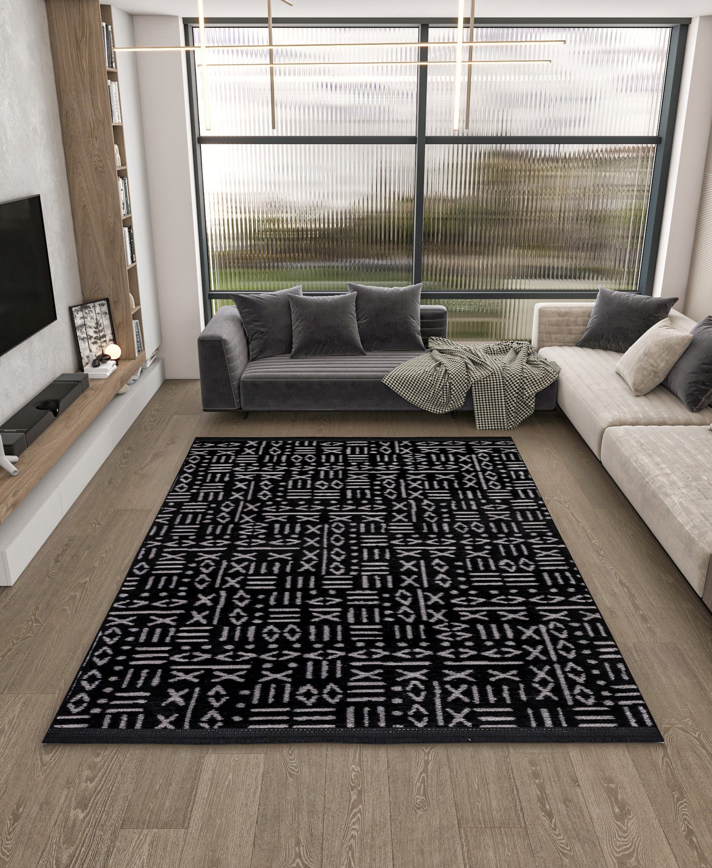 Mudcloth Runner Rug – Black Cream Geometric Tribal Boho Entryway Mat