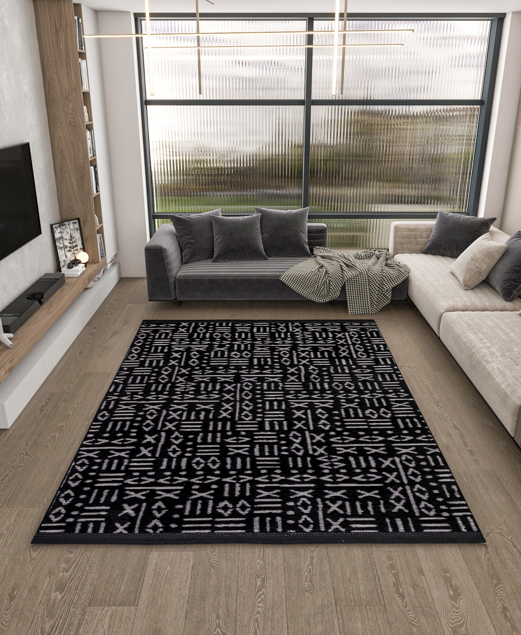 Mudcloth Runner Rug – Black Cream Geometric Tribal Boho Entryway Mat