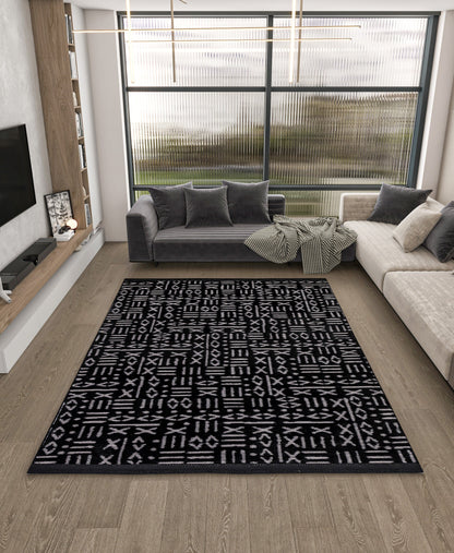 Mudcloth Runner Rug – Black Cream Geometric Tribal Boho Entryway Mat