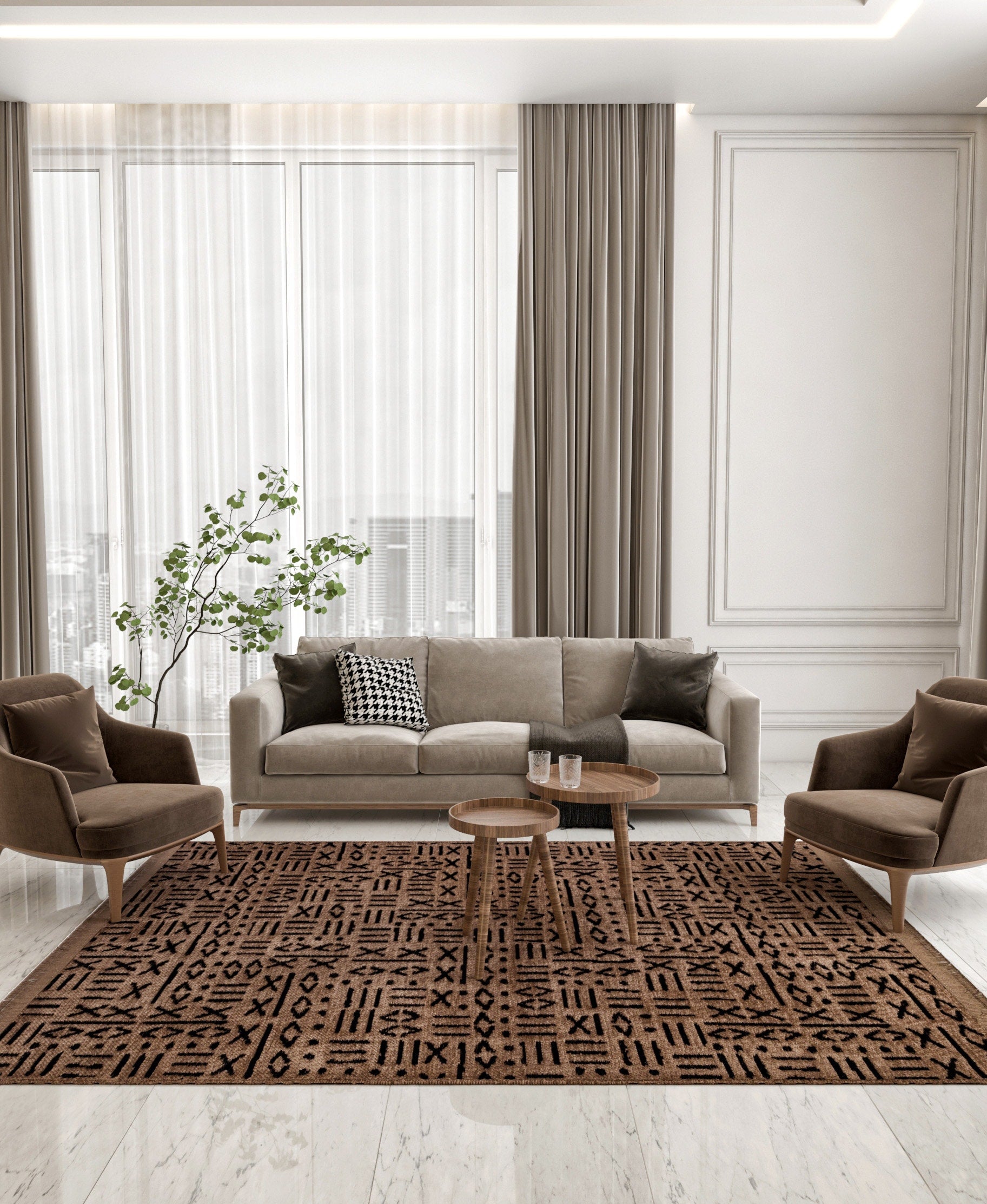 Modern Tribal Washable Cotton Rug – Brown & Black Geometric Boho Area Carpet with Fringe