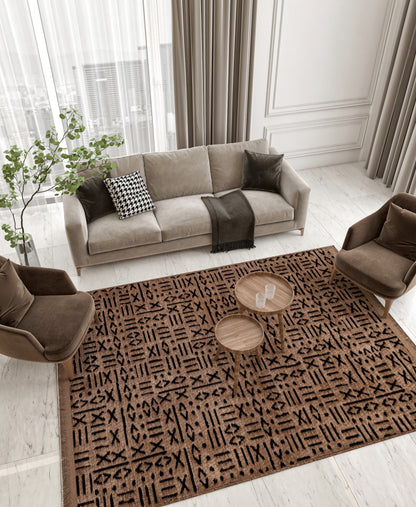 Modern Tribal Washable Cotton Rug – Brown & Black Geometric Boho Area Carpet with Fringe