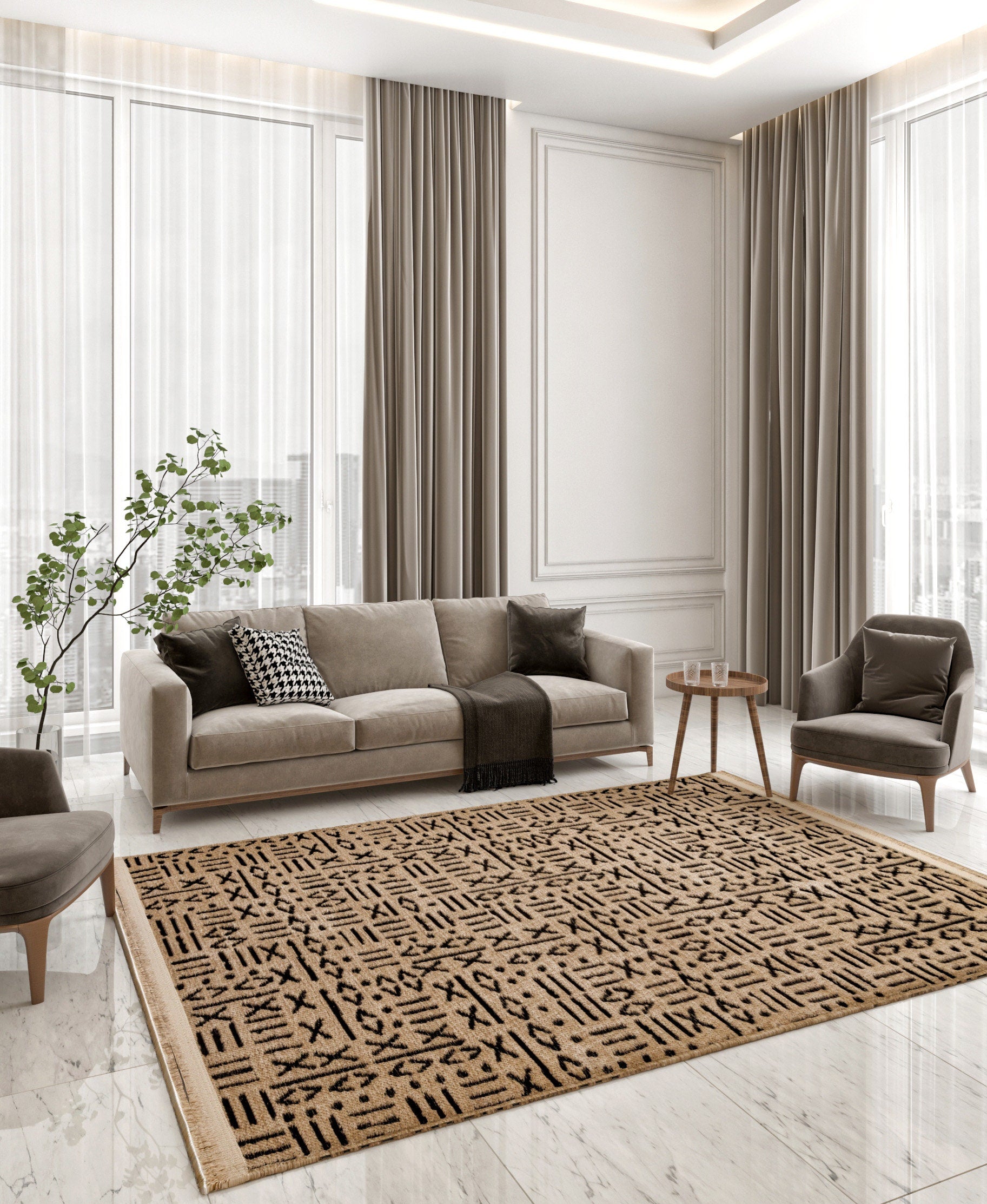Modern Geometric Cotton Area Rug | Cream Charcoal Tribal Boho Carpet (Washable)