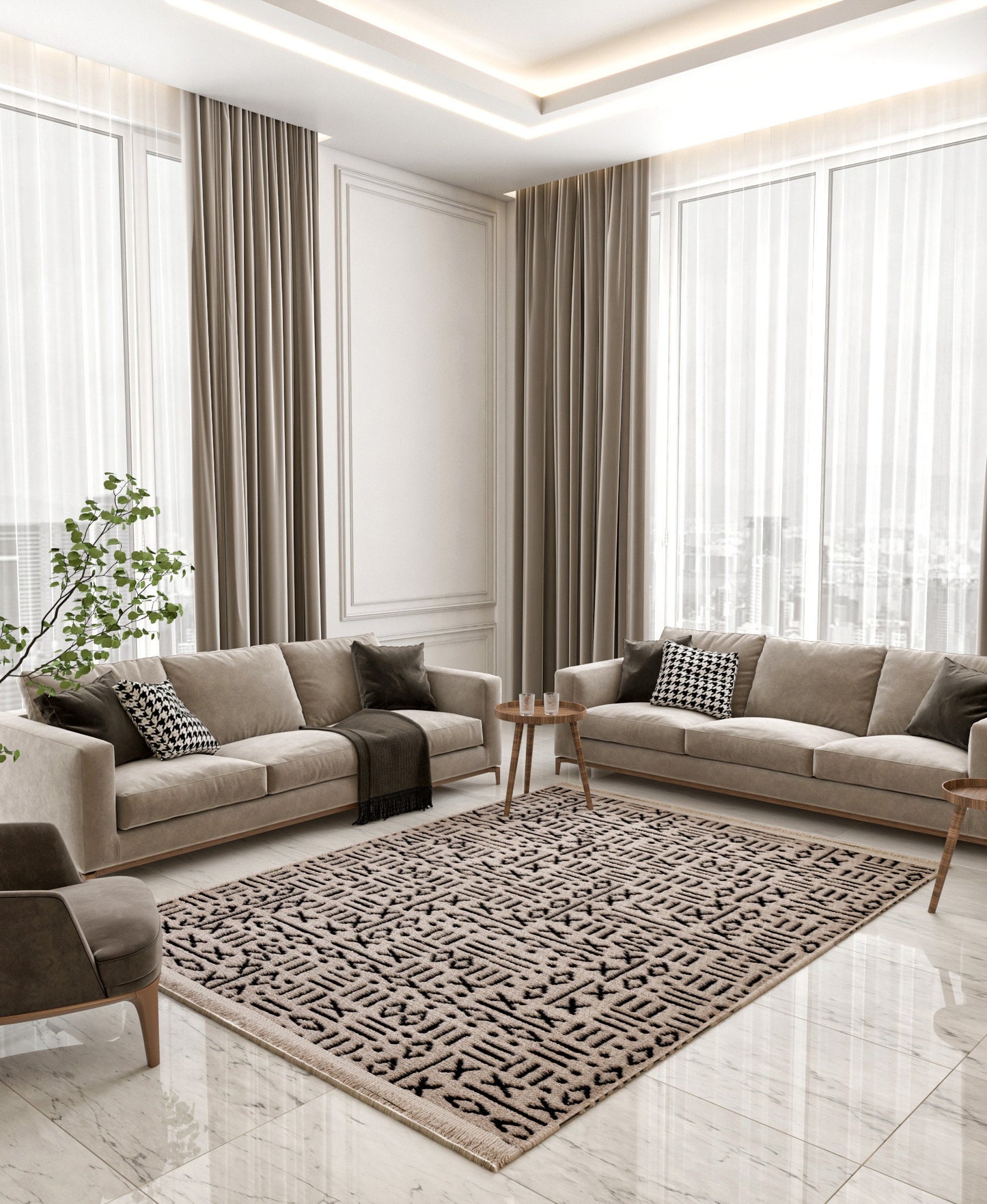 Mudcloth Tribal Area Rug, Black Ivory Fringe, Modern Scandinavian Carpet