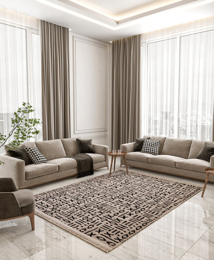 Mudcloth Tribal Area Rug, Black Ivory Fringe, Modern Scandinavian Carpet