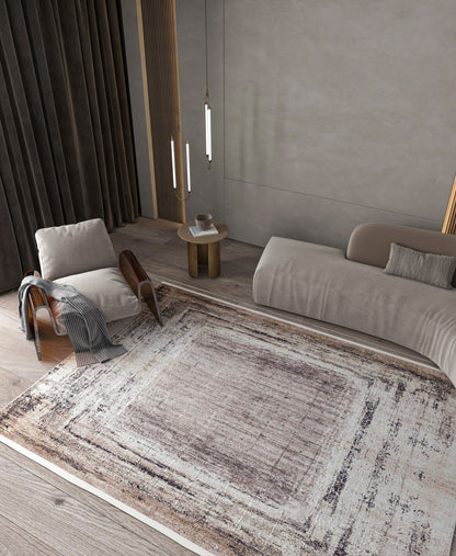 Washable Distressed Vintage Area Rug, Beige Brown Frame, Modern Farmhouse Living Room
