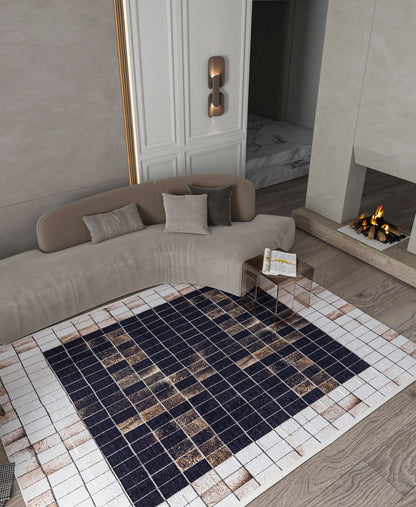 Modern Industrial Mosaic Rug | Black Earth Tone Pixelated Non-Slip Carpet
