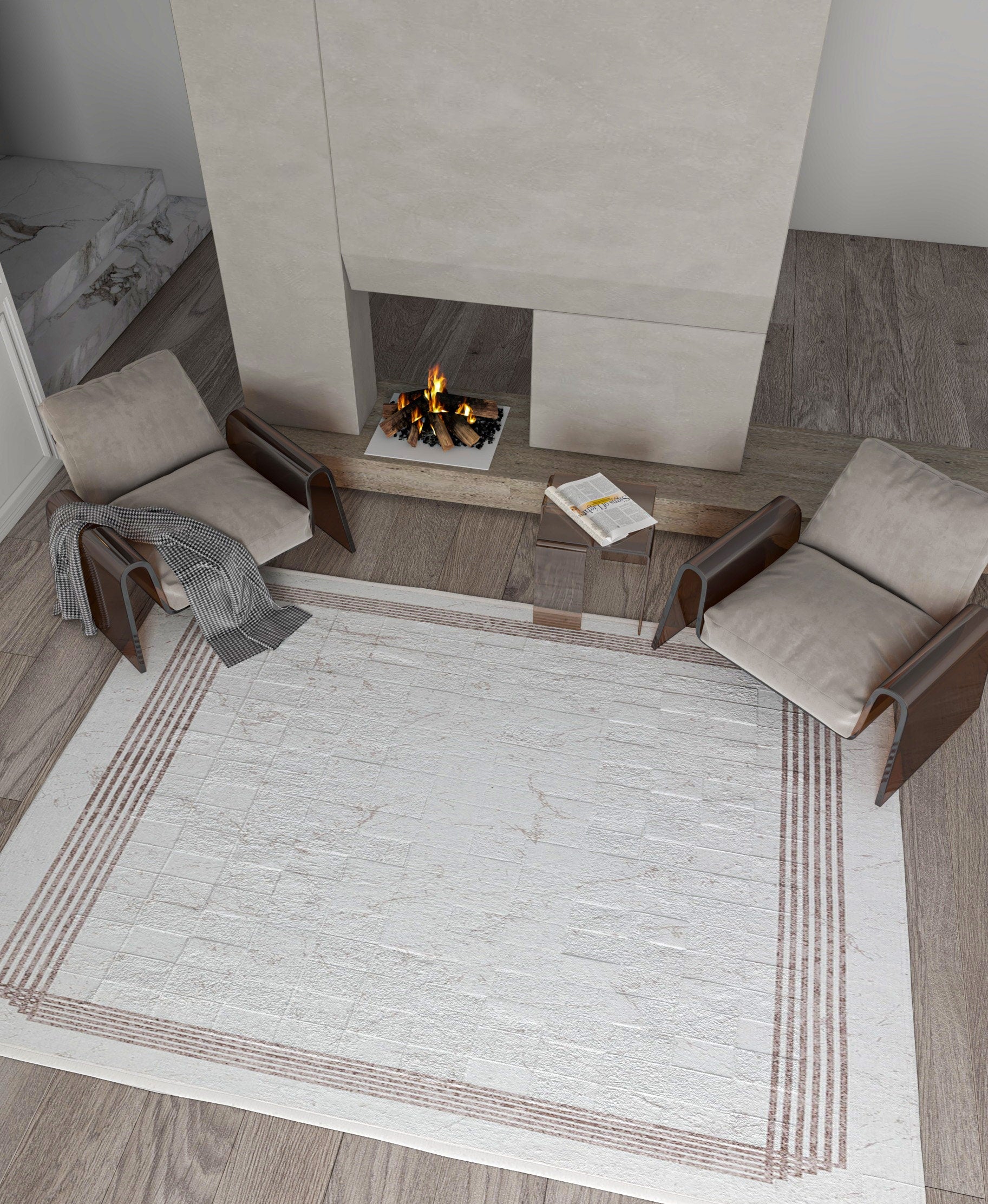 Cream Marble Texture Area Rug, Modern Minimalist Border Carpet, Machine Washable Home Decor