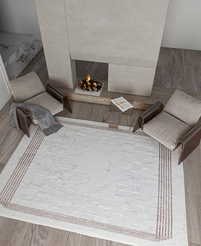 Cream Marble Texture Area Rug, Modern Minimalist Border Carpet, Machine Washable Home Decor