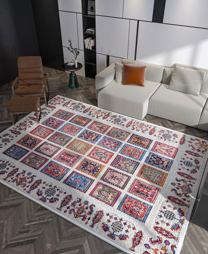 Modern Boho Persian Rug – Washable Tribal Grid Carpet for Living Room