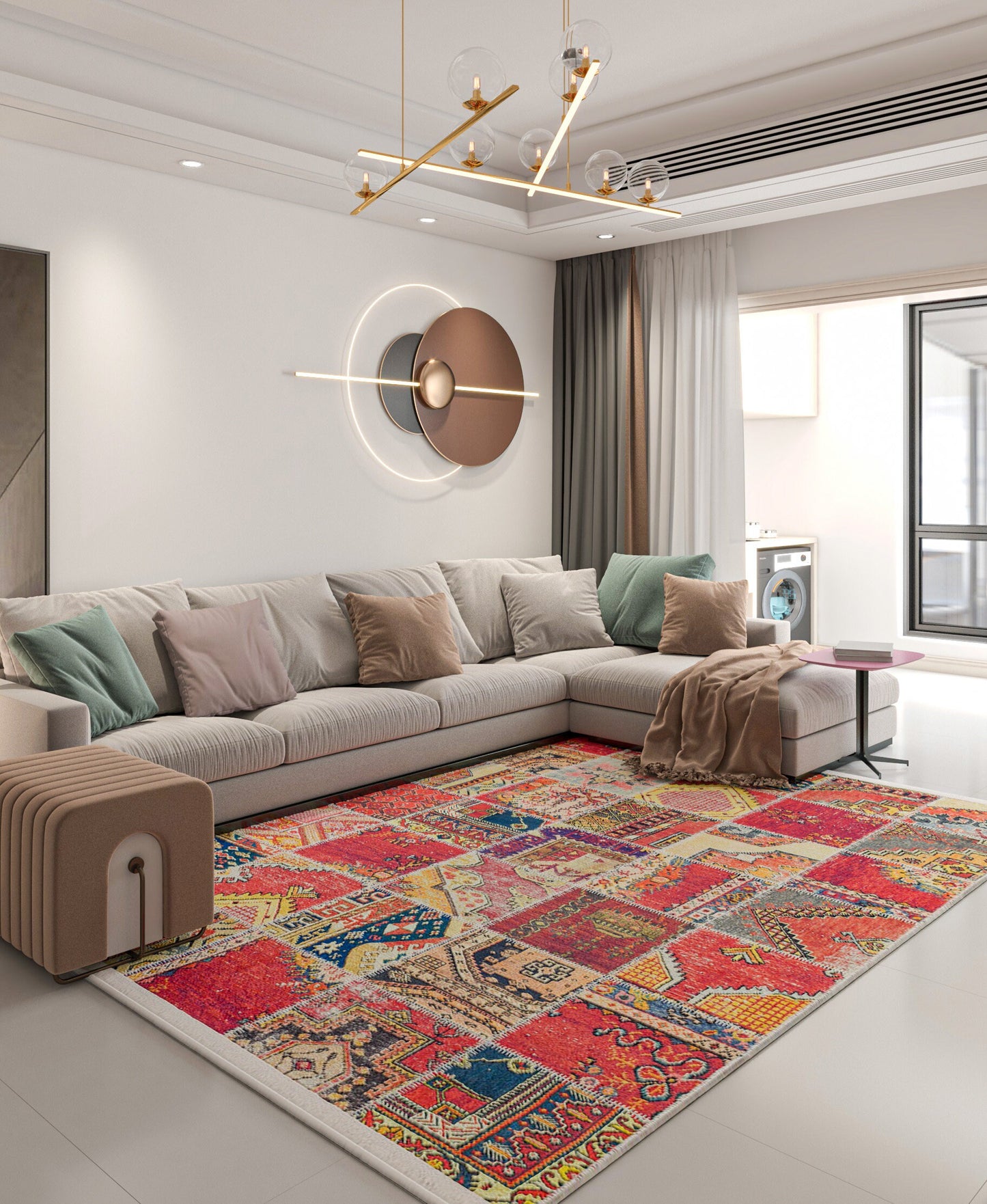 Red Boho Patchwork Area Rug – Turkish Kilim Style, Non-Slip Carpet