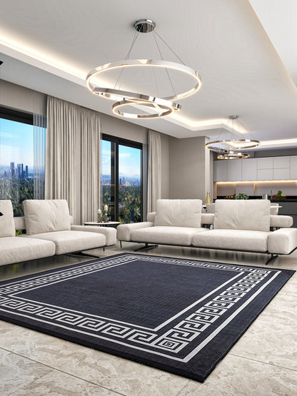 Black White Greek Key Area Rug – Modern Minimalist Meander Living Room Carpet