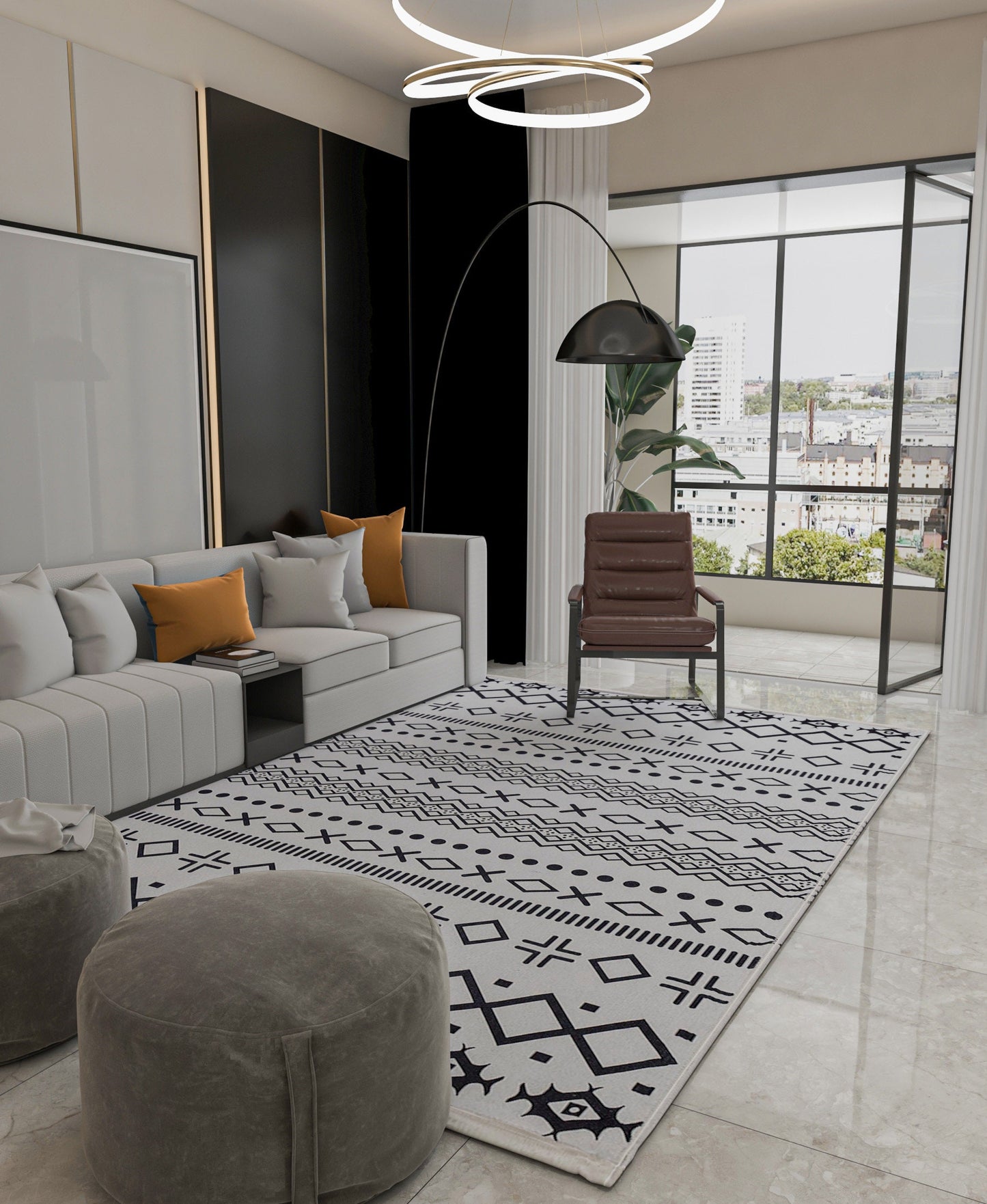 Washable Boho Geometric Rug, Scandinavian Tribal Carpet, Black Ivory Nordic Area Rug