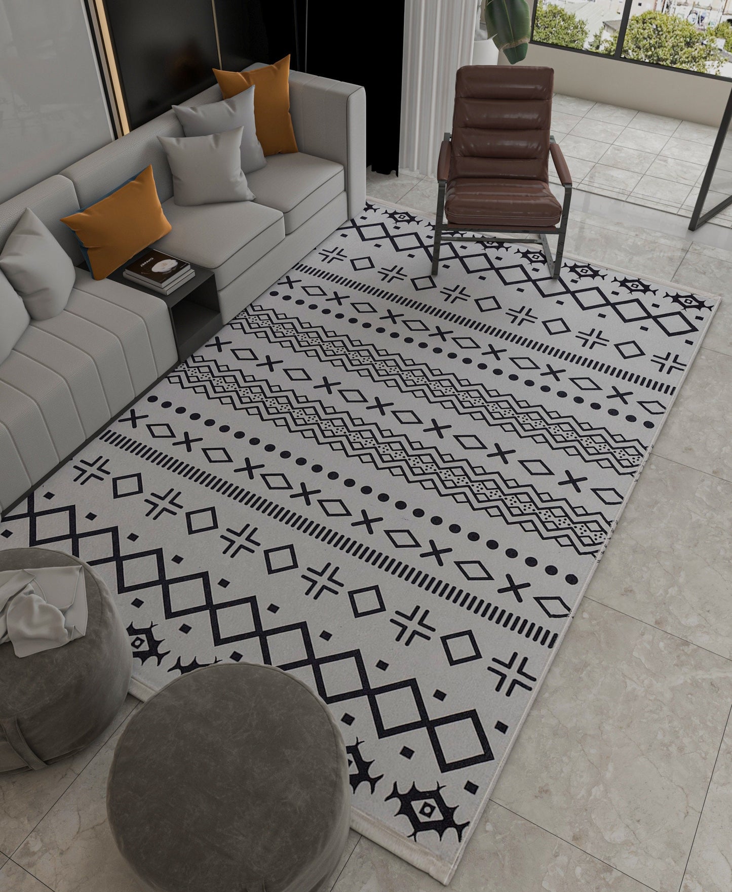 Washable Boho Geometric Rug, Scandinavian Tribal Carpet, Black Ivory Nordic Area Rug