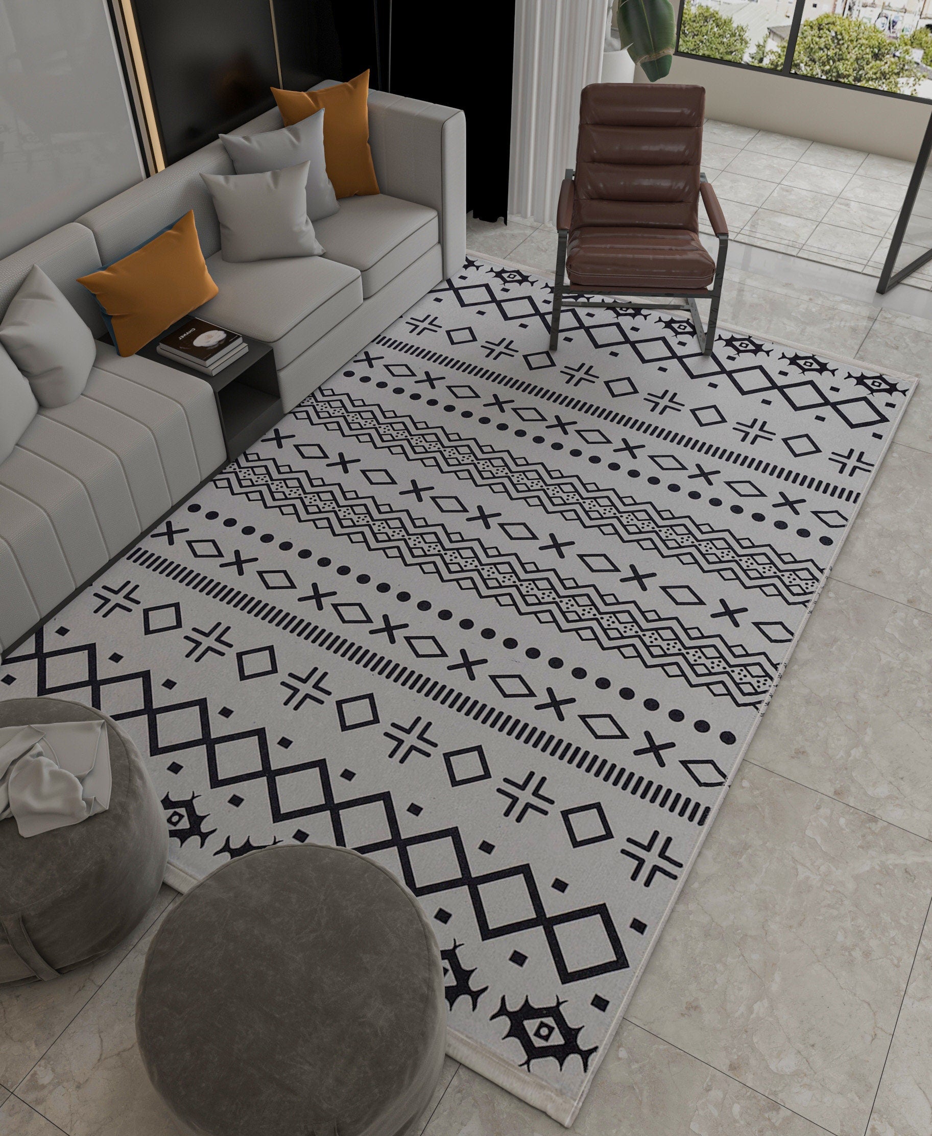Washable Boho Geometric Rug, Scandinavian Tribal Carpet, Black Ivory Nordic Area Rug