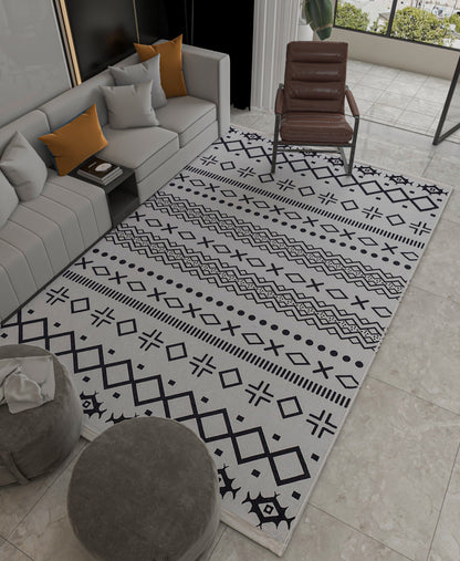Washable Boho Geometric Rug, Scandinavian Tribal Carpet, Black Ivory Nordic Area Rug