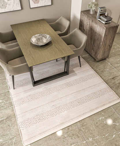 Washable Boho Area Rug – Distressed Diamond Tribal Pattern, Cream Gray Carpet