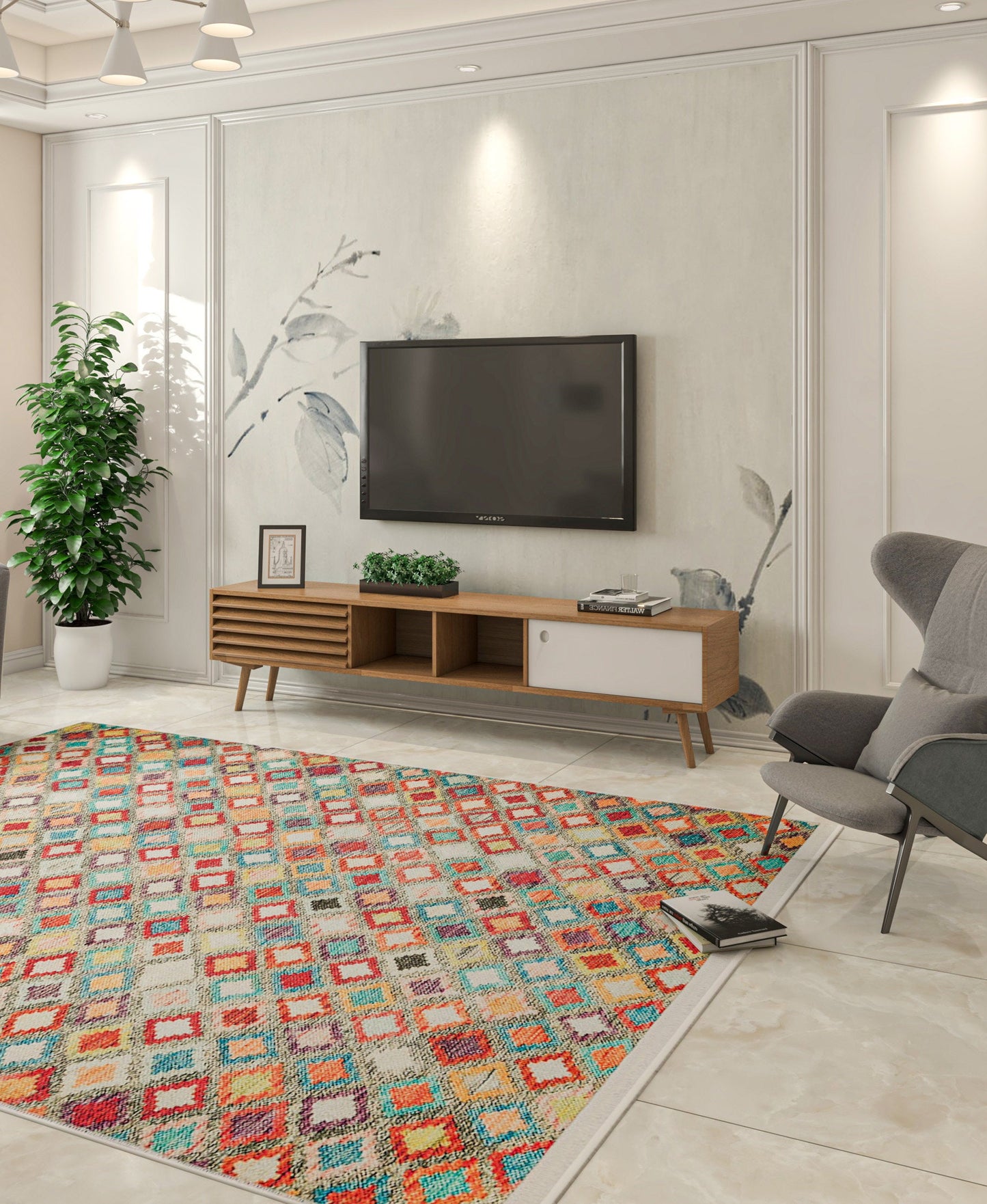 Vibrant Geometric Diamond Rug – Washable Mid-Century Boho Fringed Area Rug