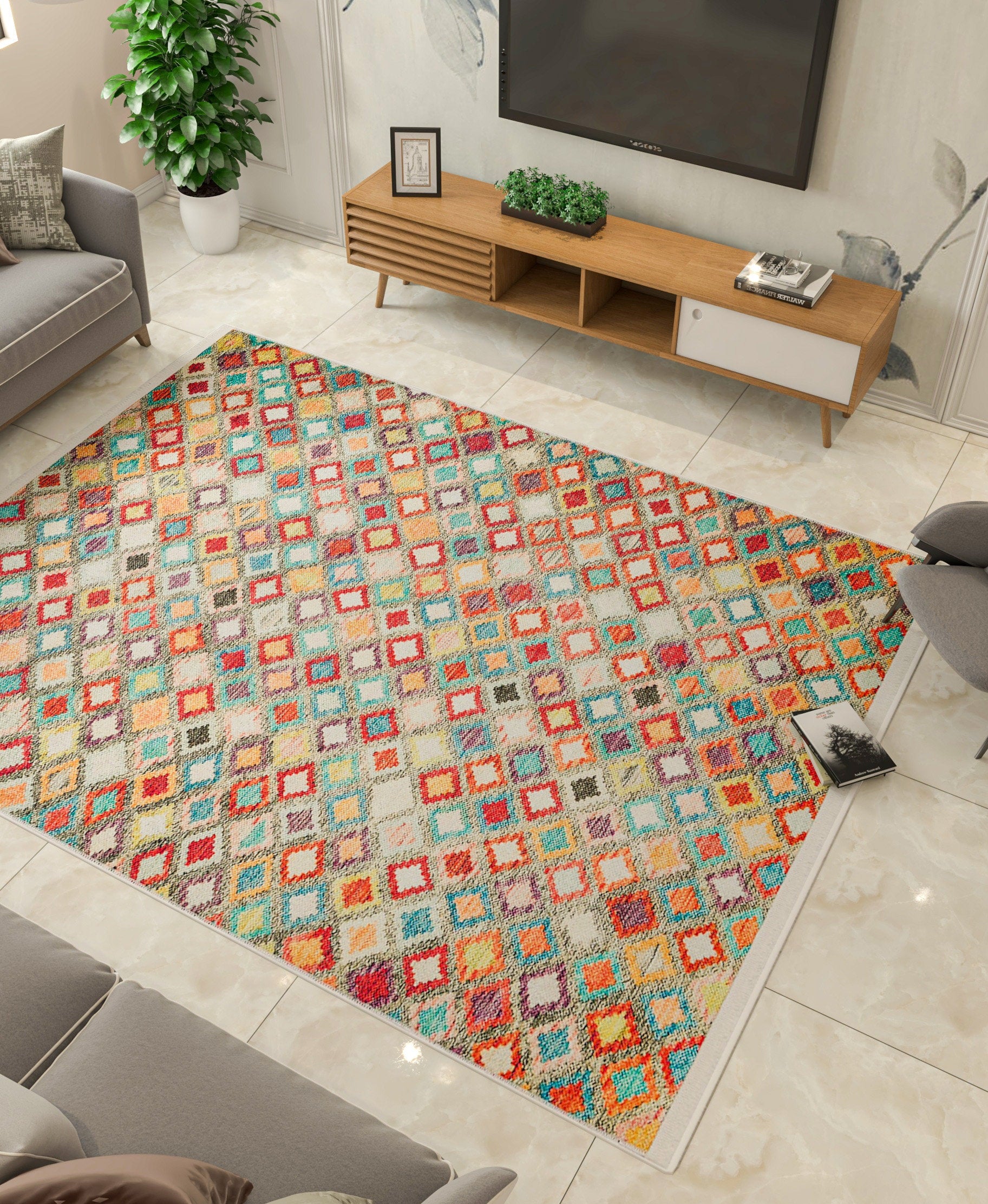 Vibrant Geometric Diamond Rug – Washable Mid-Century Boho Fringed Area Rug
