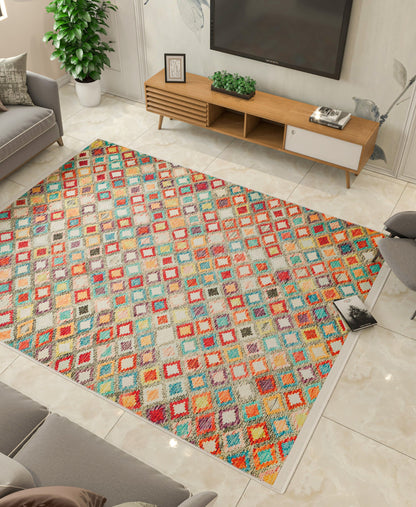 Vibrant Geometric Diamond Rug – Washable Mid-Century Boho Fringed Area Rug
