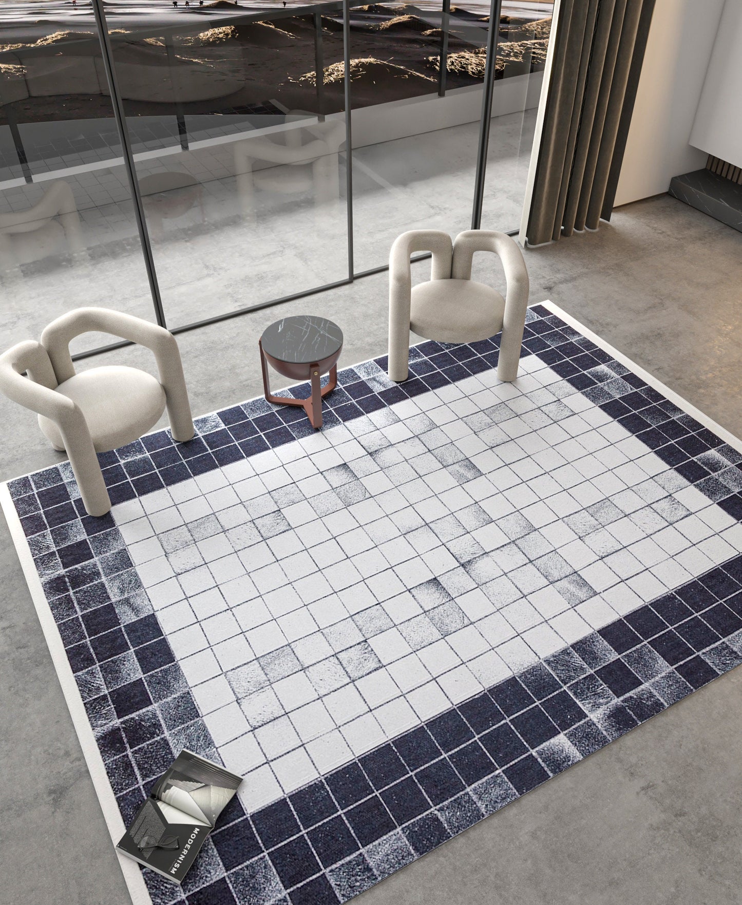 Black White Geometric Washable Rug, Minimalist Checkered Carpet, Scandinavian Floor Decor