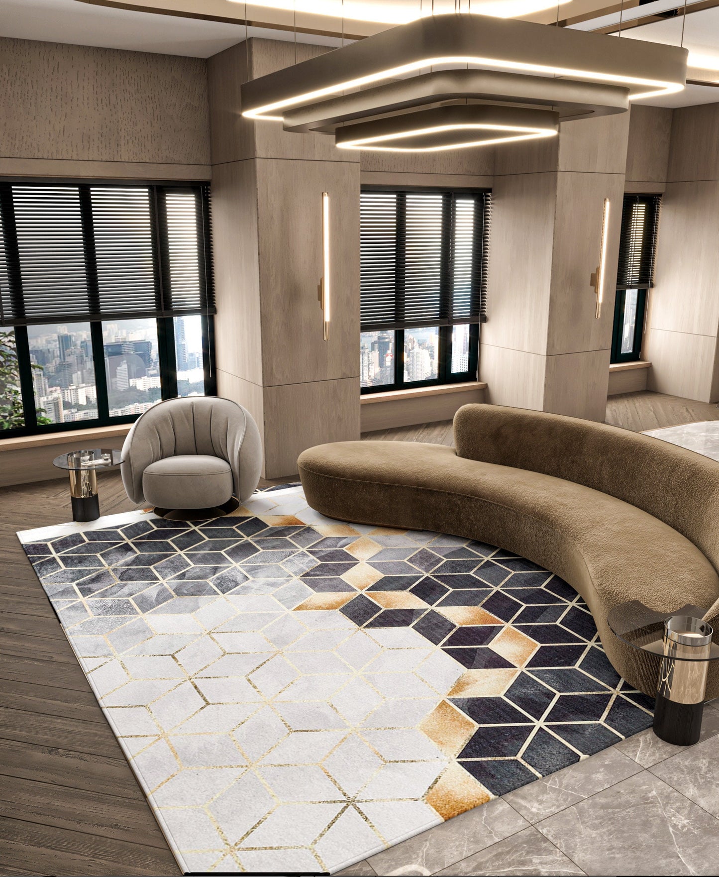 Modern Geometric Hexagon Rug, Gray Gold Contemporary Carpet, Washable Living Room Area Rug
