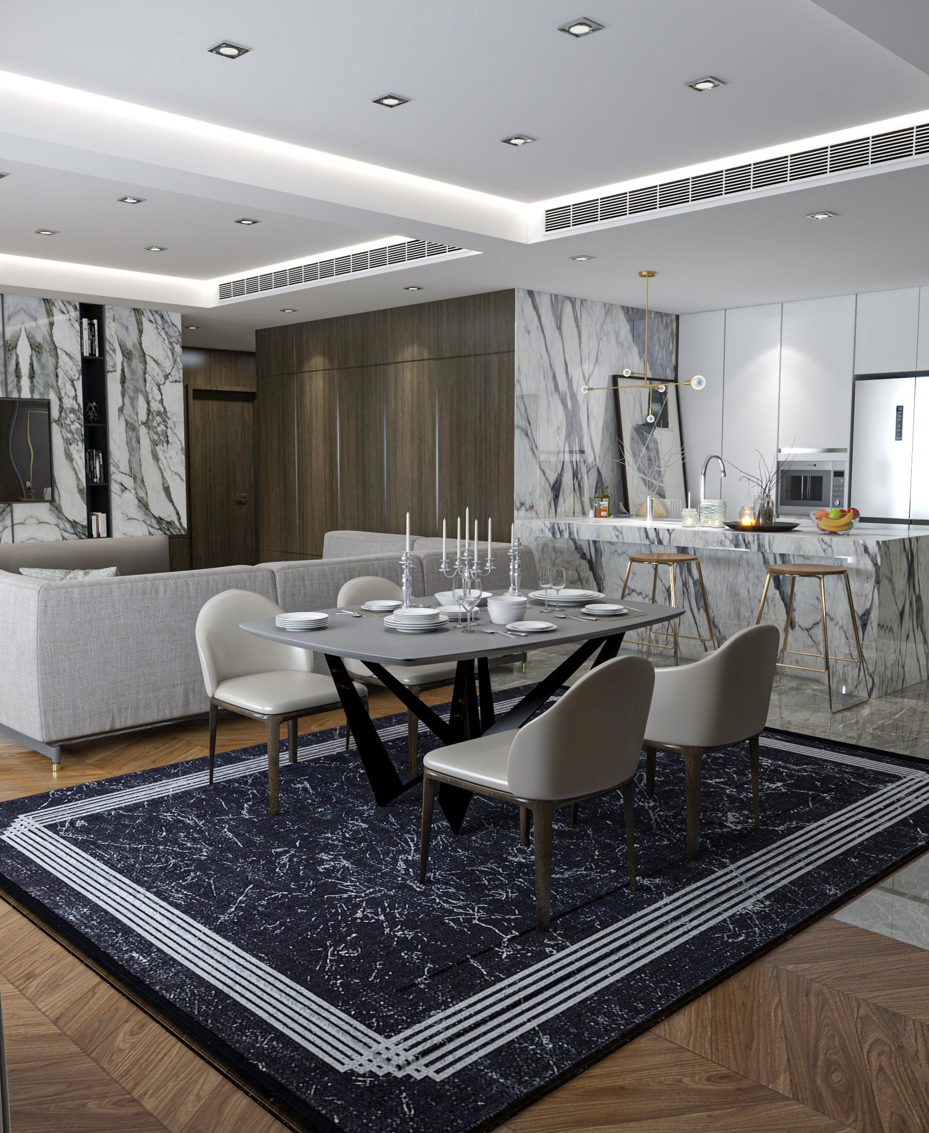 Modern Black Marble Area Rug, Minimalist Geometric Border Carpet, Contemporary Living Room Floor Rug