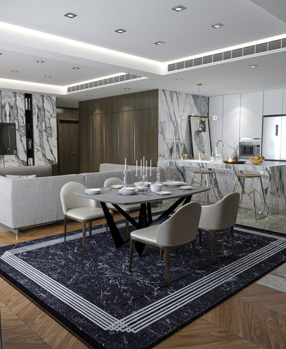 Modern Black Marble Area Rug, Minimalist Geometric Border Carpet, Contemporary Living Room Floor Rug