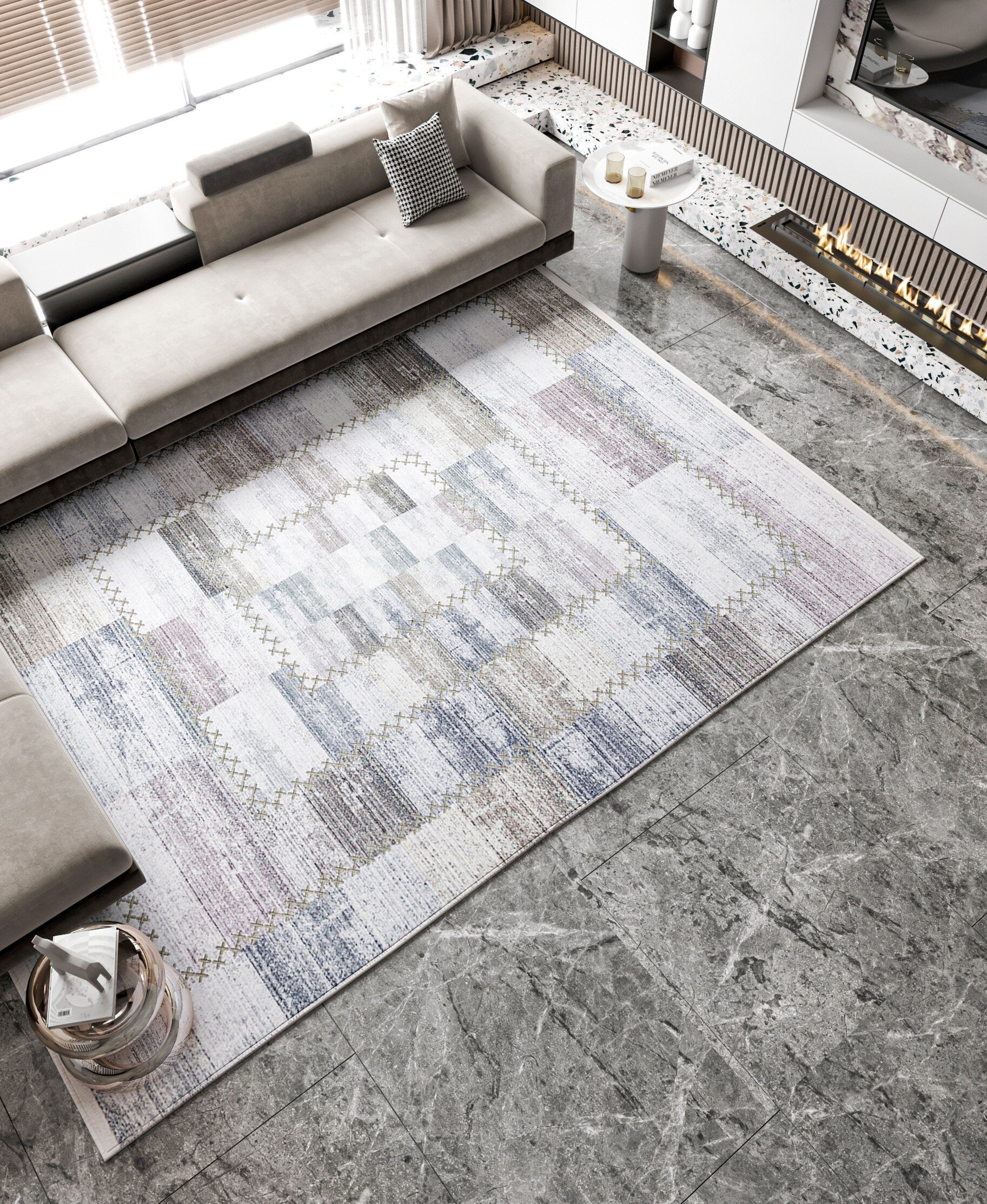 Washable Patchwork Area Rug – Distressed Geometric Carpet, Neutral Boho Living Room Home Decor
