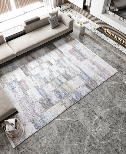 Washable Patchwork Area Rug – Distressed Geometric Carpet, Neutral Boho Living Room Home Decor