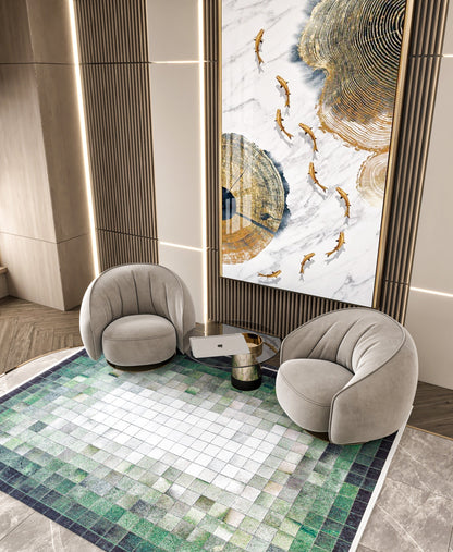 Green Pixel Mosaic Area Rug, Washable Abstract Gradient Carpet, Modern Living Room Floor Rug