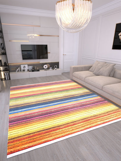Modern Multi-Color Striped Washable Area Rug – Vibrant Boho Rainbow Style – Non-Slip & Machine Washable