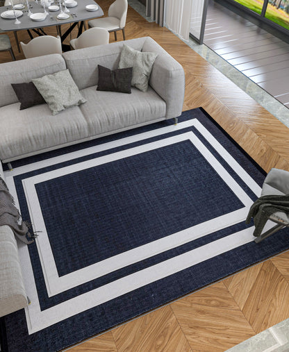 Modern Geometric Border Rug – Machine Washable Charcoal Black Area Rug