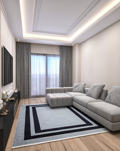 Modern Geometric Gray Area Rug, Black Frame Border, Scandinavian Living Room Carpet