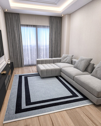 Modern Geometric Gray Area Rug, Black Frame Border, Scandinavian Living Room Carpet
