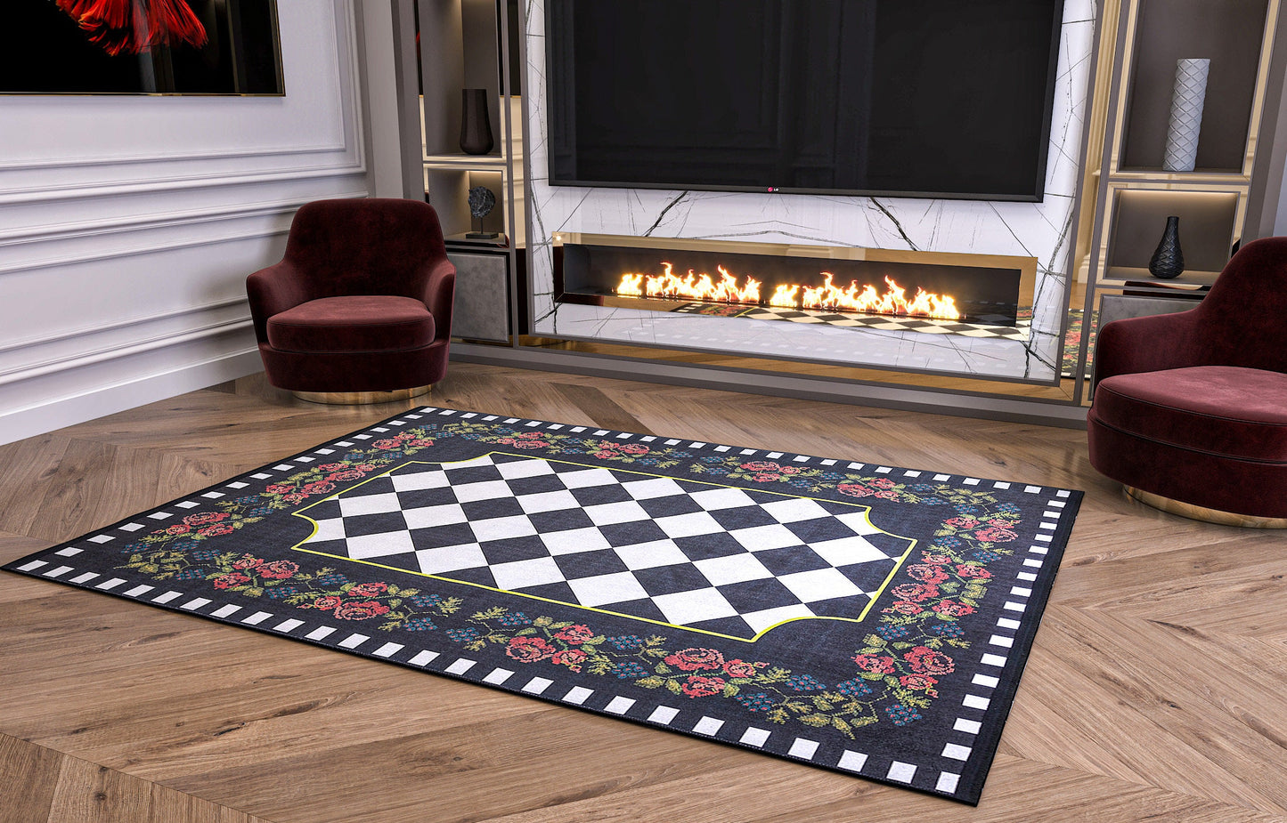 Checkered Rose Area Rug – Black White Harlequin Gothic Floral Decor (Machine Washable)