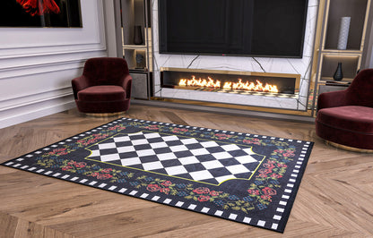 Checkered Rose Area Rug – Black White Harlequin Gothic Floral Decor (Machine Washable)