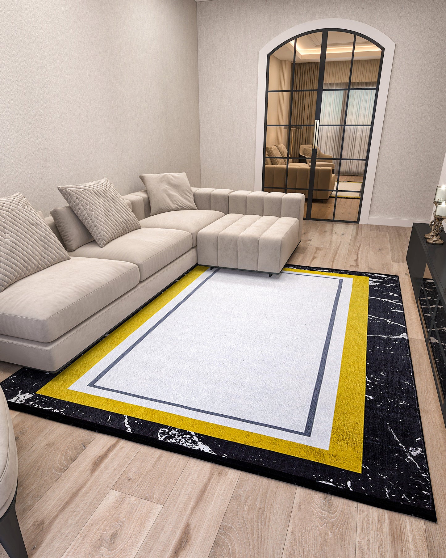 Modern Marble Geometric Area Rug – Black, Yellow, White Abstract Carpet