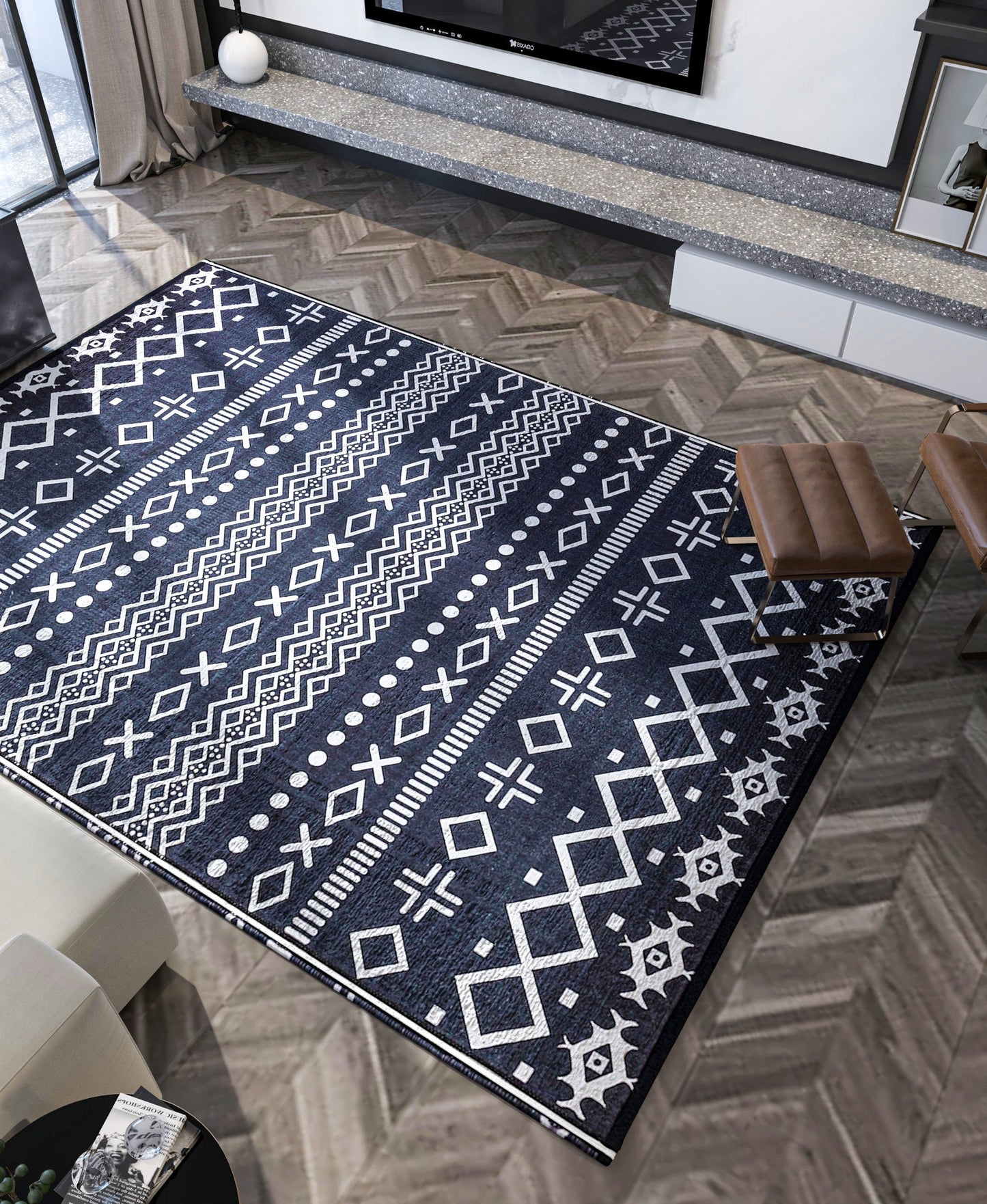 Black White Tribal Geometric Rug, Modern Boho Living Room Carpet, Washable Ethnic Pattern Decor