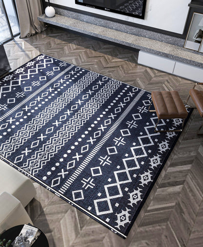 Black White Tribal Geometric Rug, Modern Boho Living Room Carpet, Washable Ethnic Pattern Decor