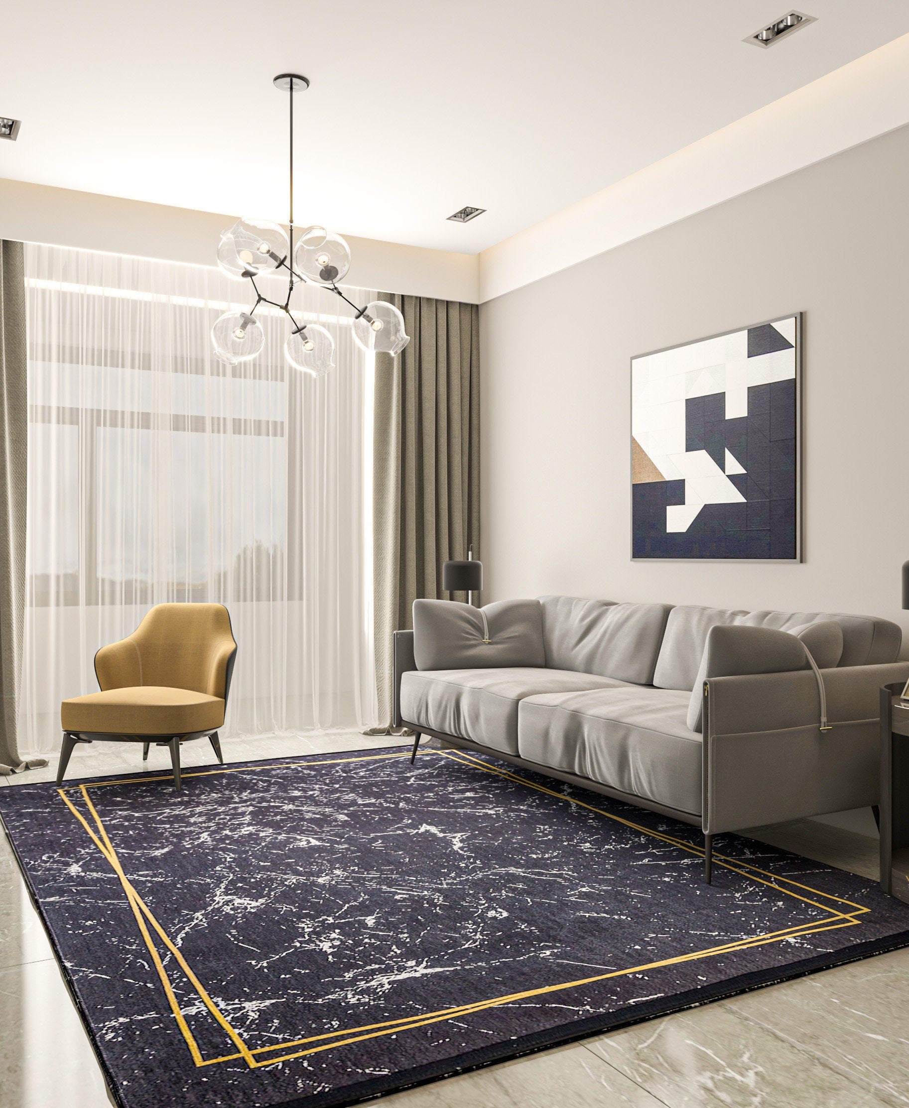 Modern Black Marble Area Rug – Gold Geometric Border, Washable Non-Slip Carpet