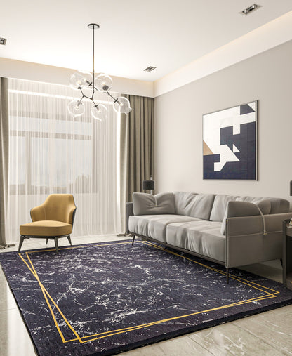 Modern Black Marble Area Rug – Gold Geometric Border, Washable Non-Slip Carpet