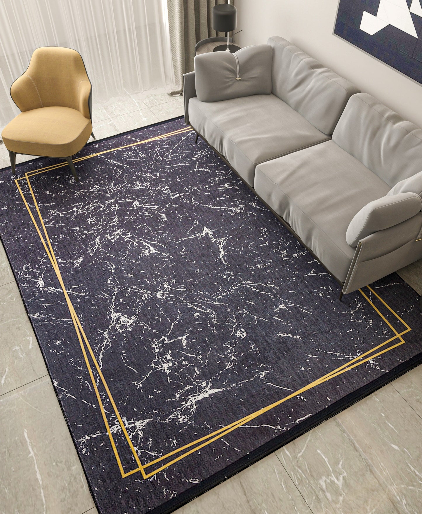 Modern Black Marble Area Rug – Gold Geometric Border, Washable Non-Slip Carpet