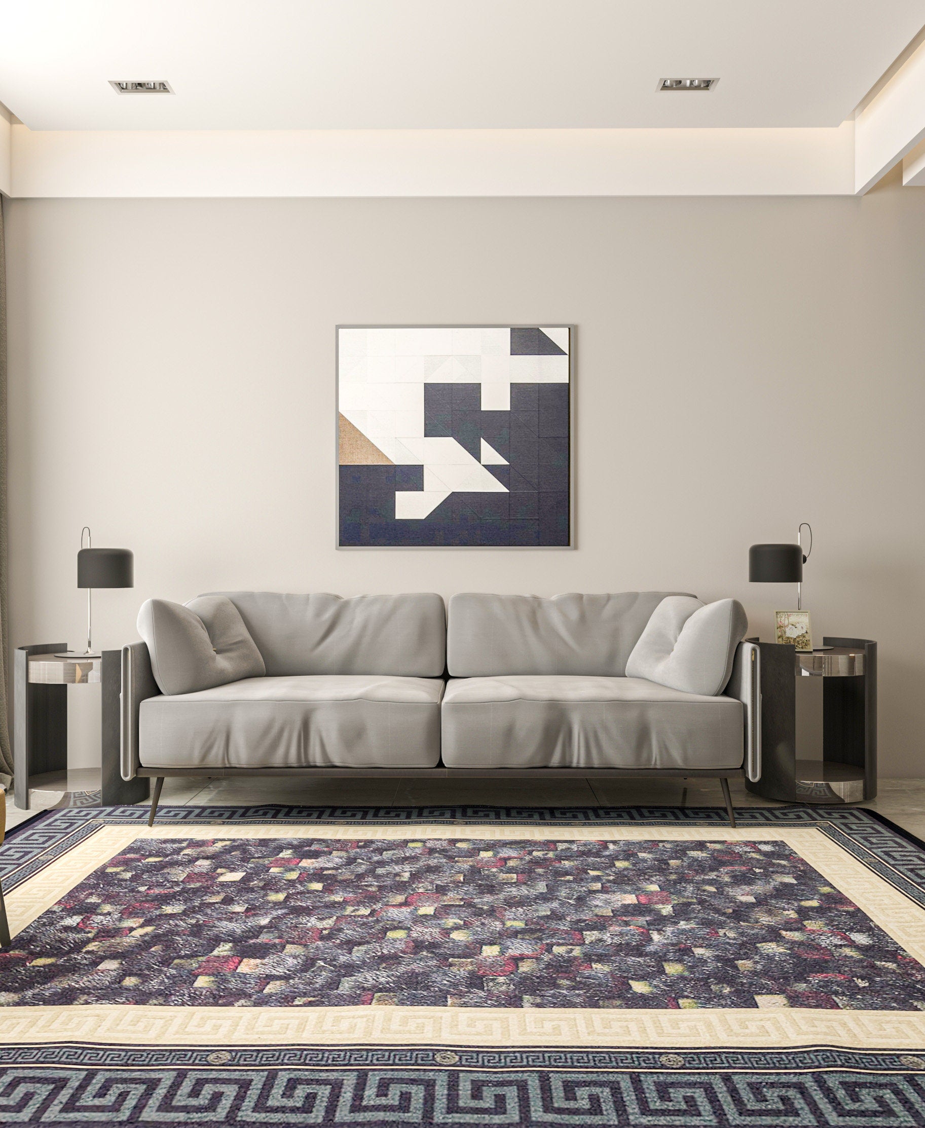 Modern Greek Key Area Rug – Black Gold Meander Border Carpet, Washable, Non-Slip