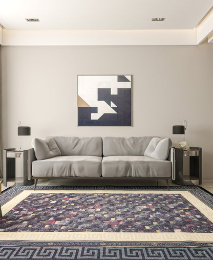 Modern Greek Key Area Rug – Black Gold Meander Border Carpet, Washable, Non-Slip